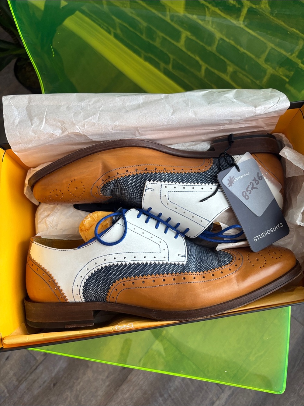 Undandy Oxford Brogue Shoes Tan White Blue Denim Leather Wingtip Size 43 US 10